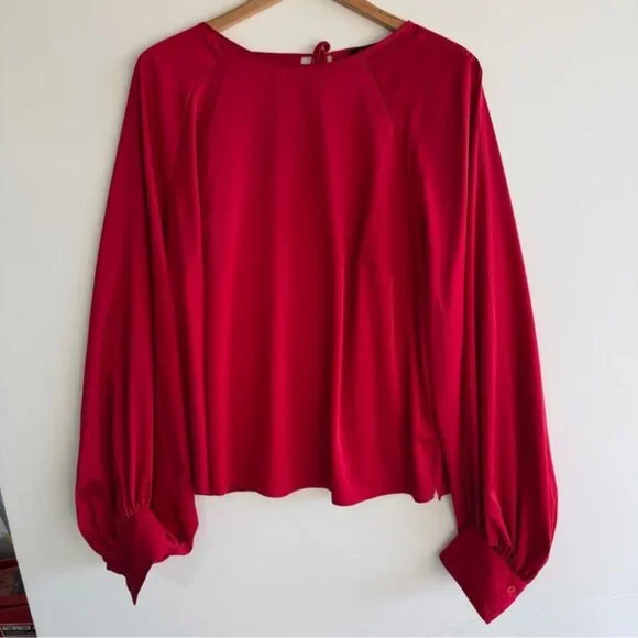 ELOQUII Satin Blouse Size 16 Balloon Sleeve Tie Back Red Holiday Party Top Plus - Picture 2 of 16